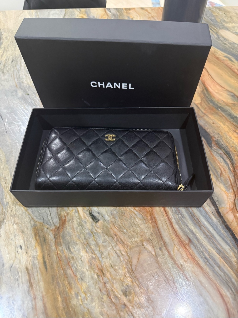 CHANEL Black Quilted Zip Wallet with Gold CC Logo